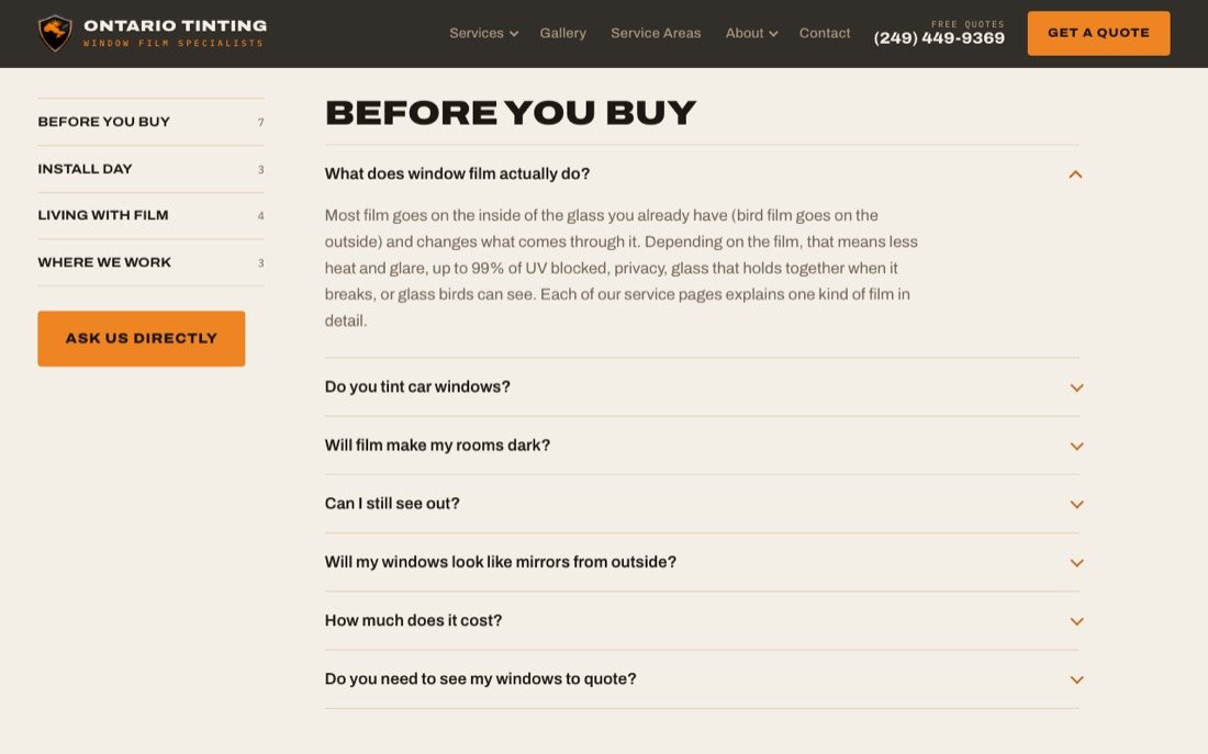 The new FAQ page, grouped into Before you buy, Install day, Living with film and Where we work
