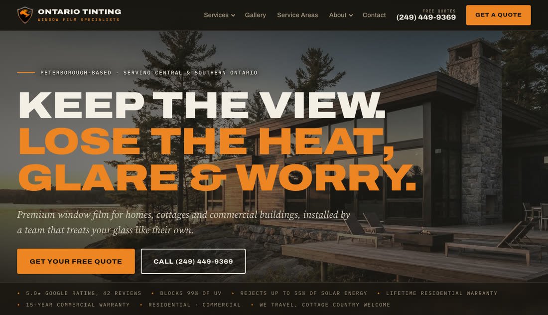 The new homepage with the headline Keep the view, lose the heat, glare and worry