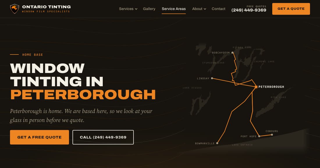 The new Peterborough page, with a map of the drive from home base