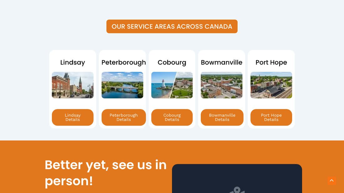 The old service areas section headed Our service areas across Canada, with a shops card that describes living rooms and bedrooms