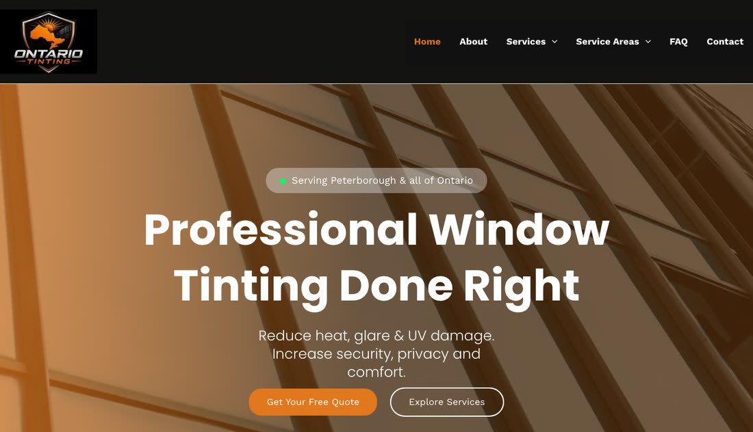 The old homepage, a generic photo of glass with the words Professional window tinting done right