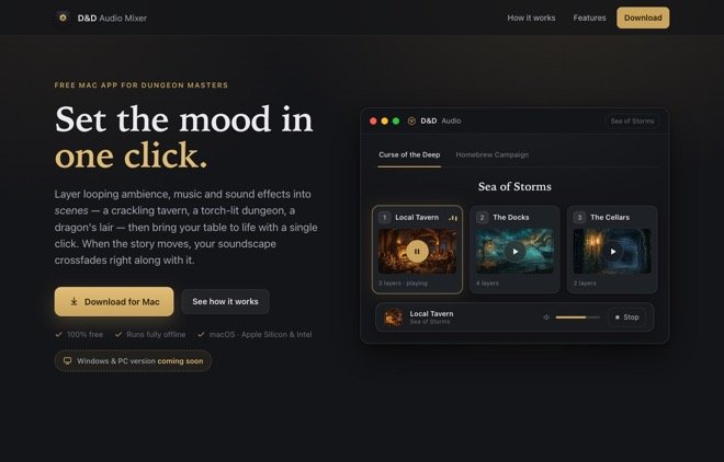 The D&D Audio Mixer app site homepage