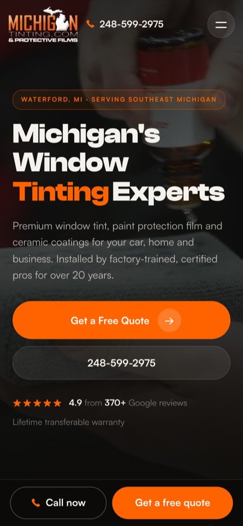 The Michigan Tinting and Protective Films website on a phone.