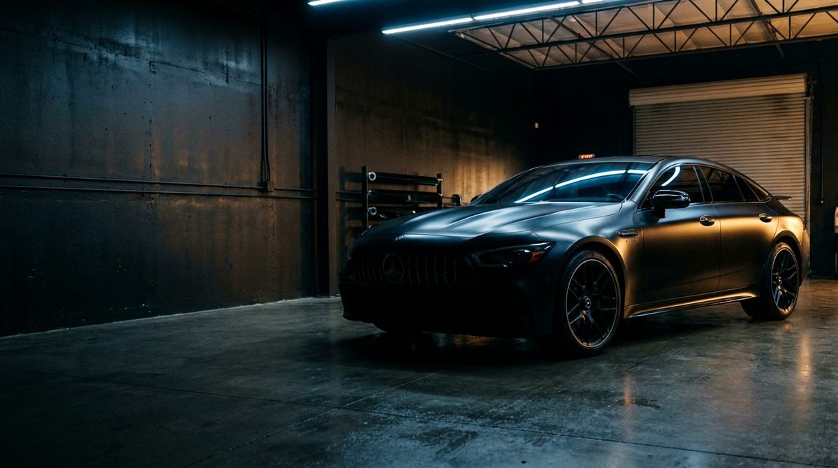 A dark luxury sedan with freshly tinted windows inside an industrial installation bay