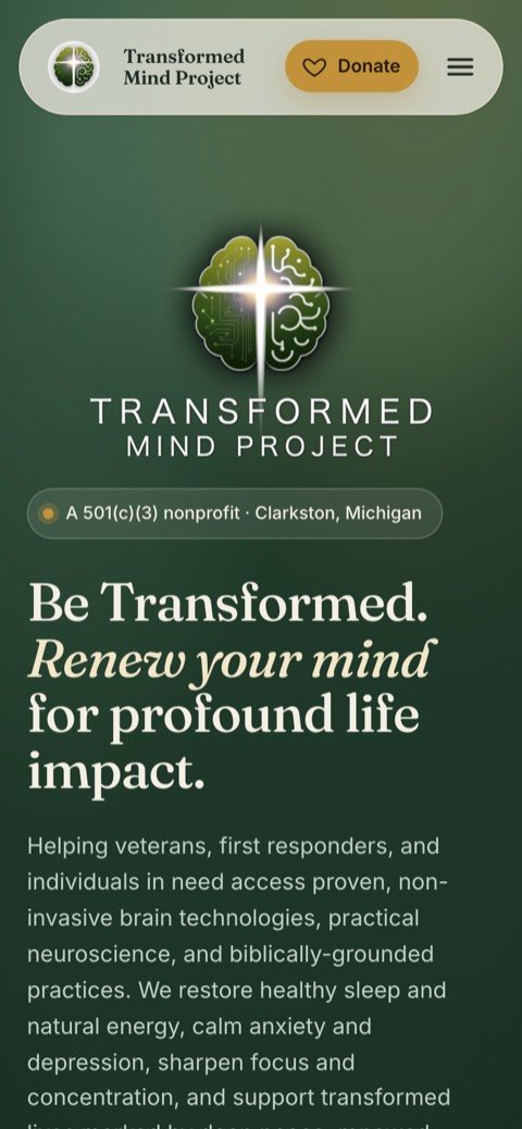 The Transformed Mind Project website on a phone.